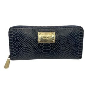 Michael Kors Navy Blue Snakeskin Embossed Leather Zip Around Wallet Clutch